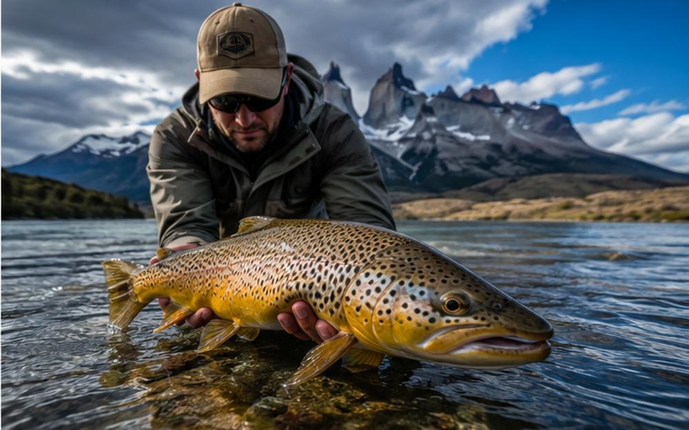A guide releasing a large wild brown trout in a river below jagged Patagonian peaks