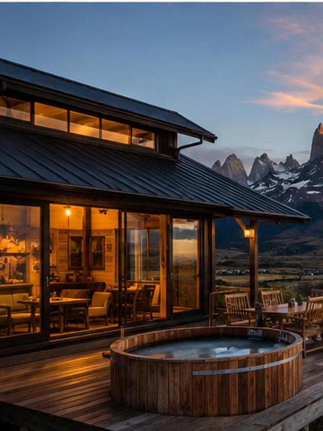 Lodge terrace with a wood-fired hot tub at sunset